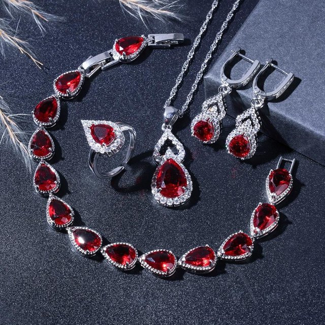 Schmuckset, rote kristallbeschichtete Wassertropfen, Damen - Bild 1