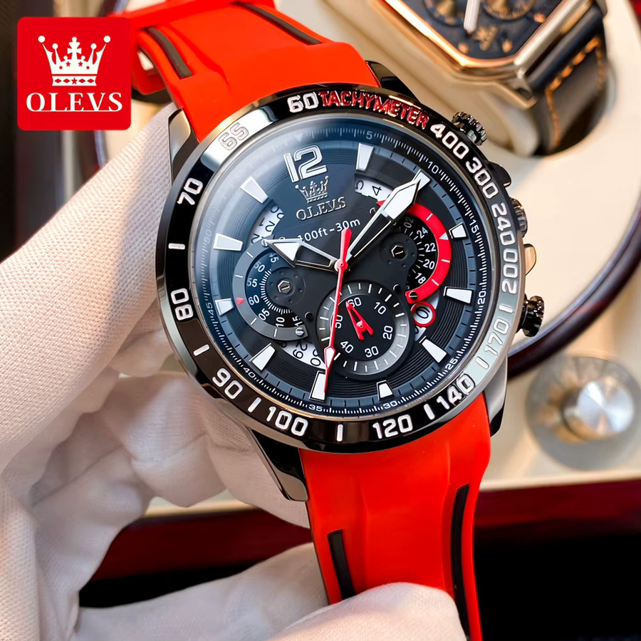 OLEVS Chronograph Armbanduhr, Quarz, Edelstahl, Silikon, Schwarz, Herren - Bild 3