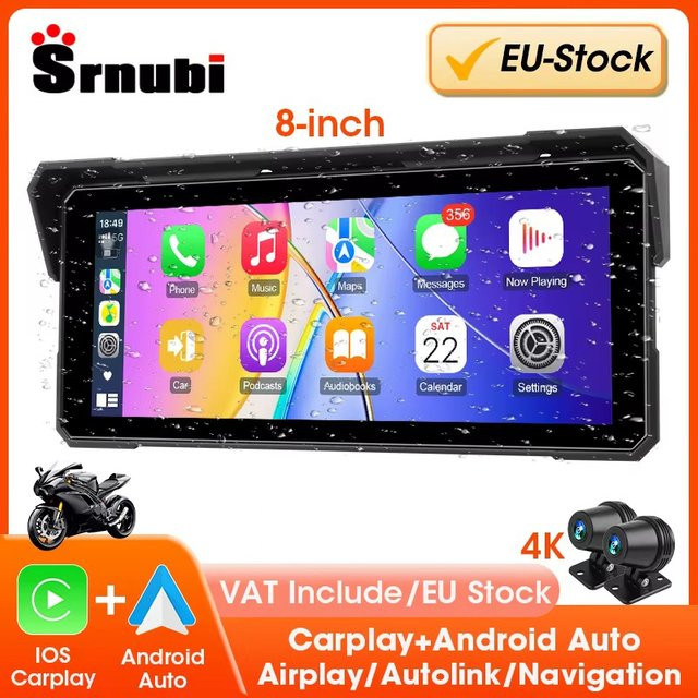 Srnubi 8 Zoll Carplay Motorrad GPS Navigation mit 4K Moto DVR und Android Auto, IP67 wasserdicht, Schwarz - Bild 1