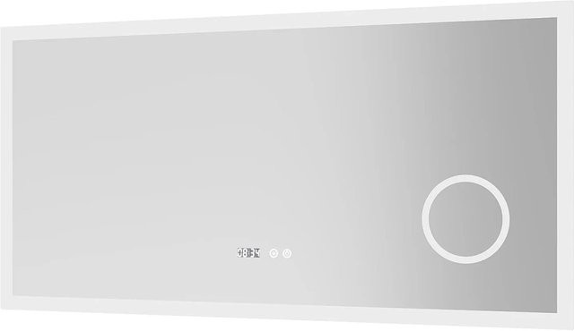 Aquabatos LED Wandspiegel in Silber mit 3-fach Vergrößerung, digitaler Uhr und dimmbarer Beleuchtung, B: 120 cm, H: 60 cm - Bild 1