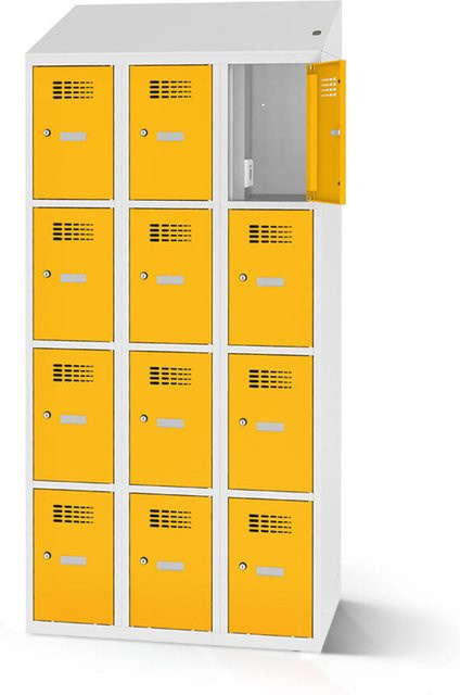 rotstahl Fächerschrank mit 12 Fächern und Ladefunktion, gelb mit lichtgrauem Korpus, B: 120 cm, H: 200 cm - Bild 1