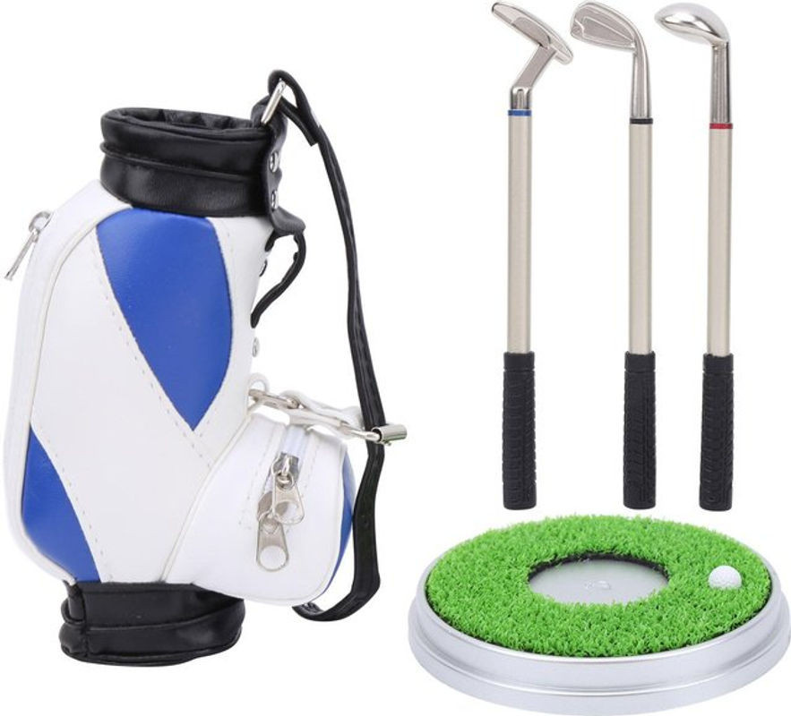 Wosawe Outdoor Sports Mini-Desktop-Stifthalter aus Zinklegierung in Form einer Golftasche mit Golfstiften, Blau-Weiß-Grün - Bild 1