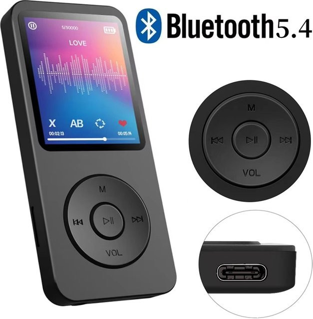 VORTNGLE Tragbarer MP3 Walkman mit Bluetooth 5.4, Musik-Stereo-Player mit E-Book-Unterstützung, Aufnahme-Funktion und FM-Radio in Schwarz - Bild 1