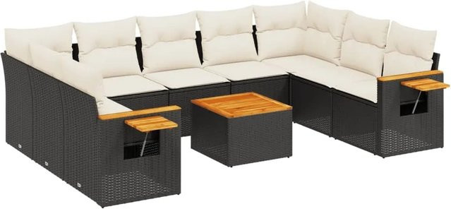 vidaXL 10-tlg Garten-Sofagarnitur in L-Form aus Polyrattan und Akazienholz mit Kissen, Schwarz - Bild 1