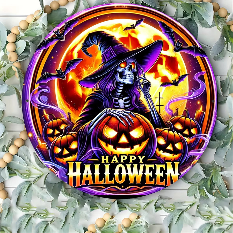 Potdemiel Halloween Gothic Hexe Metallschild Set mit Fledermäusen und Kürbislichtern, rund, Mehrfarbig, Durchmesser: 20 cm - Bild 3