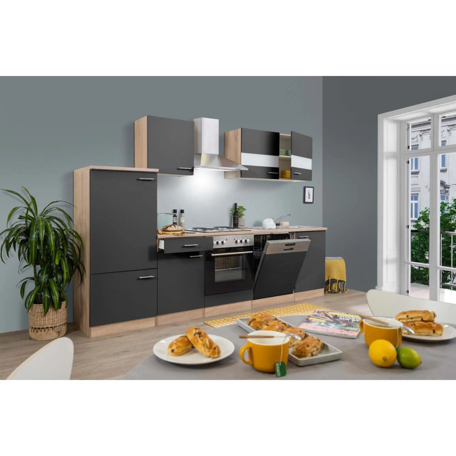 Respekta Küchenzeile LBKB280ESG modern in Grau-Eiche Sonoma Sägerau mit Soft-Close-Glasfronten, Breite: 280 cm, Tiefe: 60 cm, Höhe: 200 cm - Bild 2