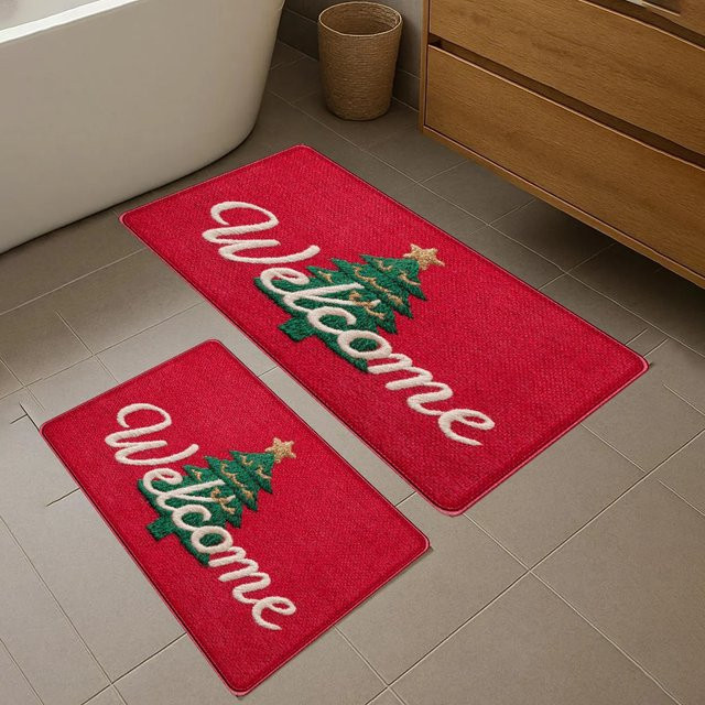VIKAMA Rutschfeste Weihnachts-Fußmatte mit rotem Weihnachtsbaum Design für Eingang, Küche oder Wohnzimmer, B/T: 60 x 40 cm - Bild 1