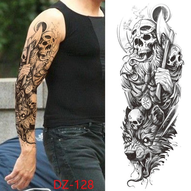 Temporäre Tattoo-Ärmel Unisex, Kompass Wolfskopf Auge Löwengott Feder, 480x170 mm - Bild 1