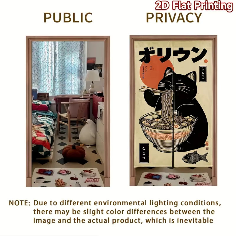 VIKAMA Personalisierter japanischer Vintage-Ramen-Halbtürvorhang mit schwarzer Katze, dekorativer Türvorhang für Küche und Zuhause, Farbe: Schwarz und Mehrfarbig, B/H: 80 x 150 cm - Bild 4