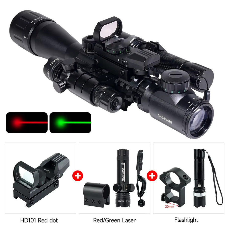 Taktisches Zielfernrohr 3-9x40 AOEG mit Rotpunkt, Taschenlampe und Laser in Schwarz für Outdoor-Jagd zur Montage auf 11mm/20mm Schienen - Bild 3