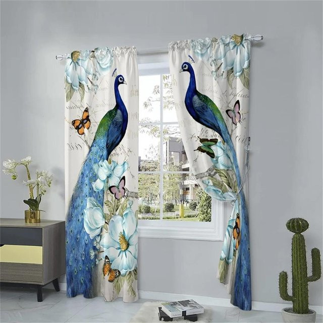 Retro Elegante Pfauen-Serie Vorhang Set in Blau und Gold, 2 Stück lichtfilternde Dekovorhänge mit floralem Muster, Höhe: 75 cm, Breite: 60 cm - Bild 1