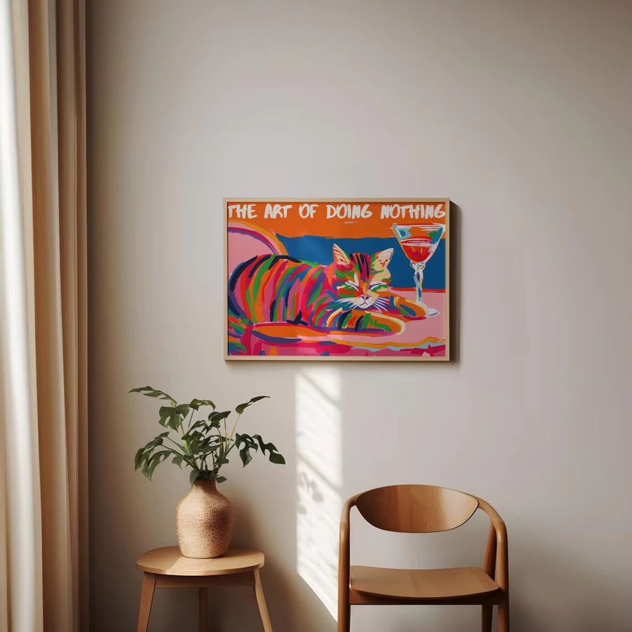 Pop Art Wandbild The Art of Doing Nothing mit bunter Katze und Martini, abstrakter Wall Art Print in Multicolor - Bild 3