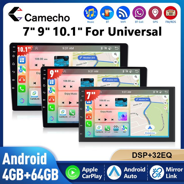 Camecho Android Auto Autoradio mit 64GB Speicher, Drahtloses CarPlay, GPS und Wifi, 9 Zoll, Schwarz - Bild 1