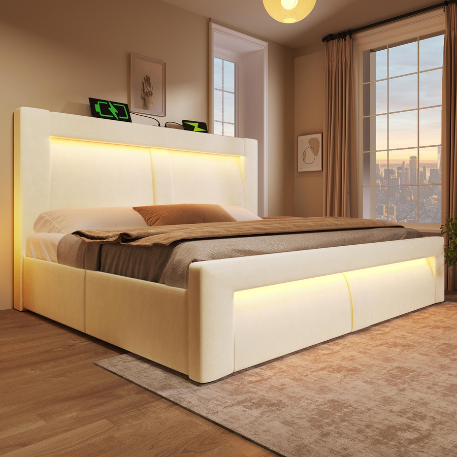 AB Store Doppelbett mit hydraulischem Lift und gepolstertem Kopfteil in Beige, H x B x T: 217 x 143 x 107 cm - Bild 2
