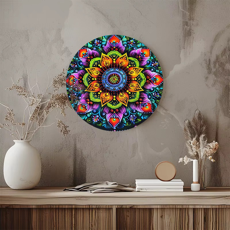 Potdemiel Rundes Vintage Wandschild mit Mandala-Motiv in Bunt, Metall Wandkunst mit geometrischem Blumenmuster, Durchmesser: 20 cm - Bild 6