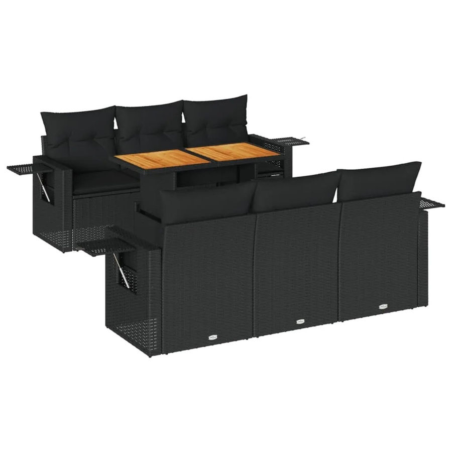 vidaXL 7-tlg. Garten-Sofagarnitur in L-Form aus Poly-Rattan und Akazienholz mit Kissen in Schwarz - Bild 2