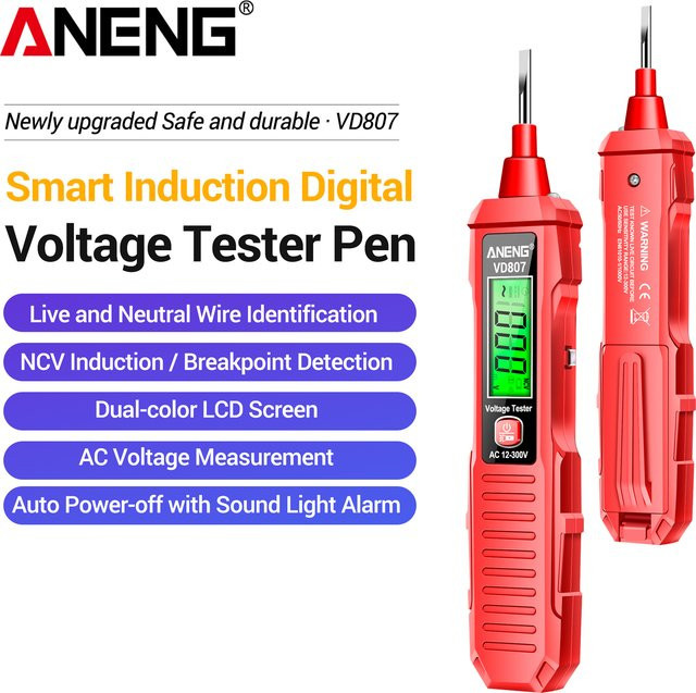 ANENG VD807 Berührungsloser Spannungsprüferstift Induktionsspannungsdetektor in Schwarz und Rot für AC 12-300 V 50/60 Hz - Bild 1