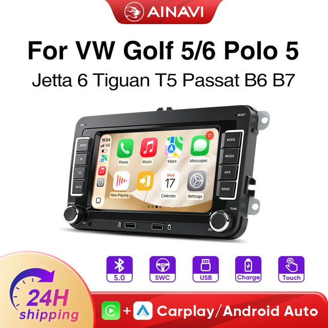 AINAVI 7 Zoll Autoradio mit kabellosem Carplay und Android Auto, HD IPS Touchscreen und Bluetooth, Schwarz, passend für VW Golf 5, T5, Polo 5, Golf 6, Golf Plus, Passat B6, B7, Tiguan und Jetta MK6 - Bild 1