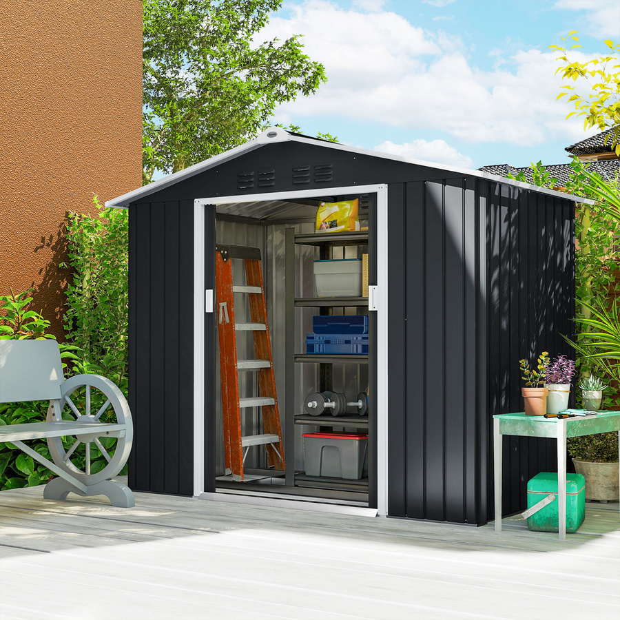 Outsunny Gartenhaus aus verzinktem Stahl mit 2,42 m² Grundfläche, Geräteschuppen in Dunkelgrau mit Dachfenster, Belüftung, Fundament-Set und abschließbarer Schiebetür - Bild 2