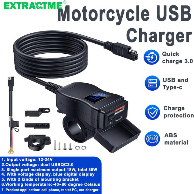 Extractme Motorrad-Ladegerät in Schwarz mit Dual-USB, QC3.0 Schnellladegerät, Steckdose mit Schalter und wasserdichtem digitalem Voltmeter - Bild 1