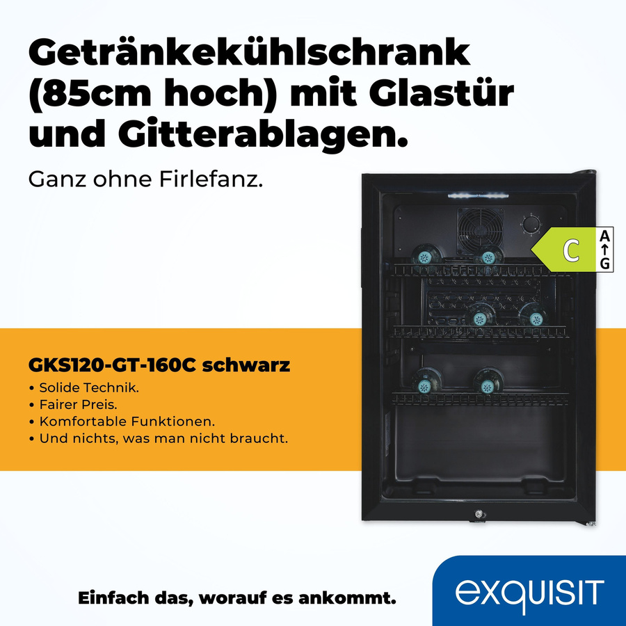 Exquisit Glastürkühlschrank GKS120-GT-160C Schwarz 118 l mit Umluft und Türschloss - Bild 3