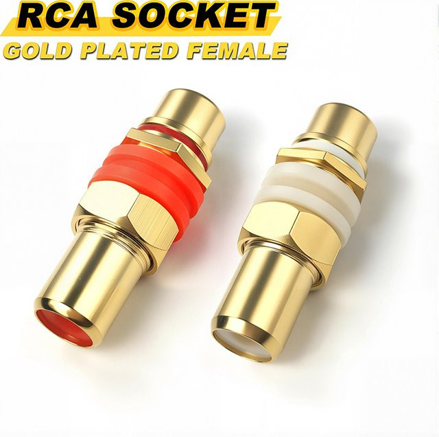 Vergoldeter RCA-Buchse auf Buchse Adapter, gerader Anschluss mit Schraubenscheibe für Audio-Lautsprecher, Farbe: Gold - Bild 1