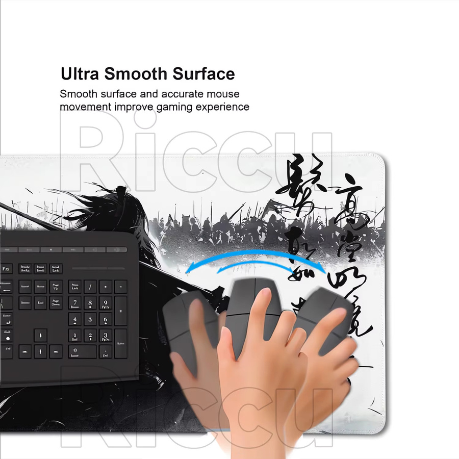 Riccu Gaming-Mauspad Japanisches Samurai-Motiv mit Baum und Sonne, rutschfeste Schreibtischunterlage aus Naturkautschuk, Schwarz/Mehrfarbig - Bild 6