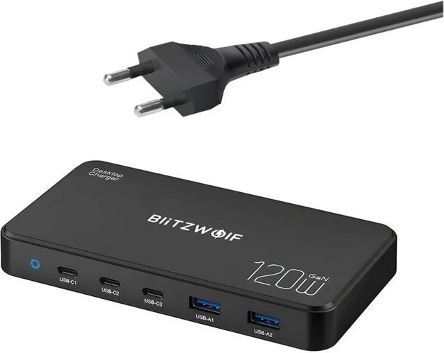 BlitzWolf BW-i100 Ladestation mit 120W und 5A, 2 x USB-A und 3 x USB-C, Schwarz - Bild 1