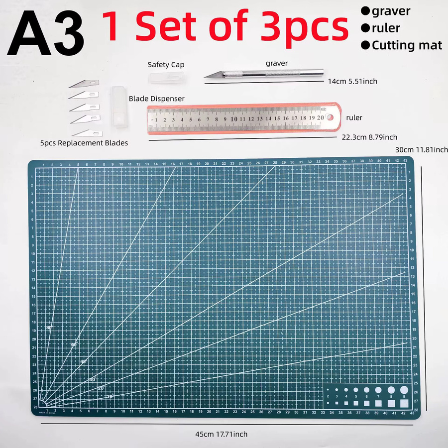 PVC-Bastelschneidematte-Set in Grün mit Allzweckmesser und Lineal für Leder, Nähen, Patchwork und DIY-Projekte - Bild 3