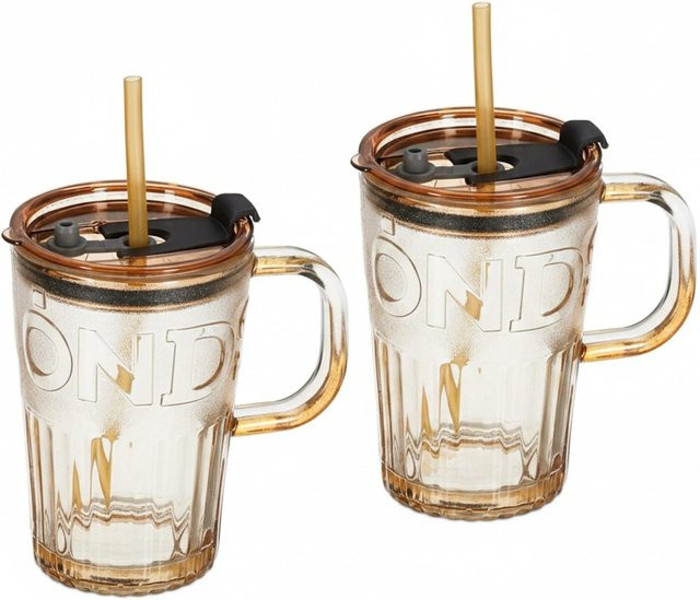 Relaxdays Trinkgläser 2er Set aus Glas in Hellbraun mit Henkel, Deckel und Strohhalm, B/T/H: 13 x 13 x 8,5 cm - Bild 1