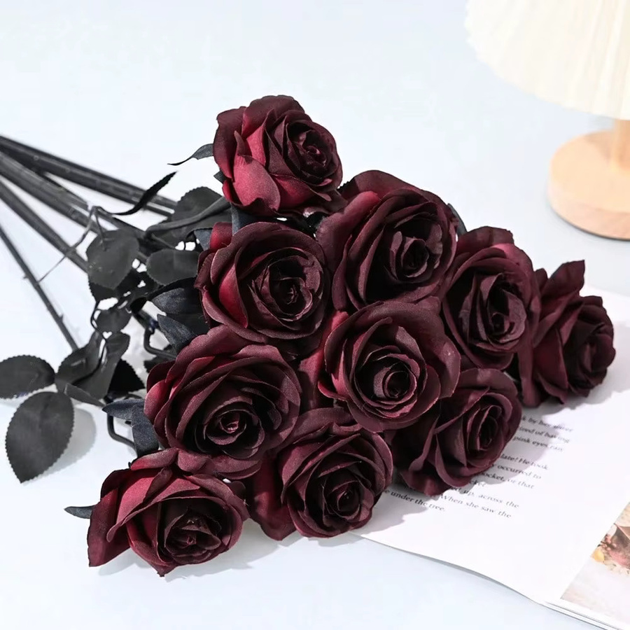 Uflower Künstliche Seidenrosen in Weinrot und Schwarz für Halloween, Hochzeit und Dekoration, 50 cm - Bild 4