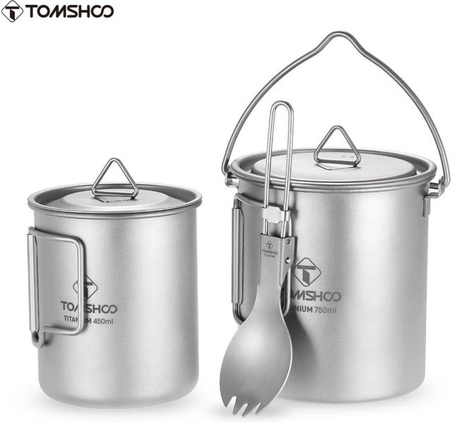 TOMSHOO Titan Camping Kochset 3-teilig in Silber, bestehend aus Topf mit 750 ml, Becher mit 450 ml und Deckel, zusammenklappbar - Bild 1