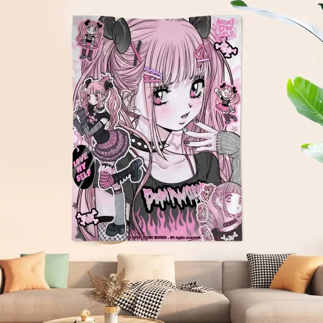 Potdemiel Wandbehang Anime Jirai Kei Cartoon Tapisserie in Pink - Bild 1