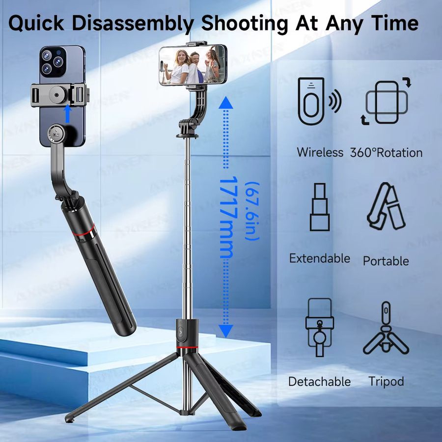 AXNEN F15 68-Zoll Selfie Stick Stativ mit Bluetooth Wireless Fernbedienung und verstellbarer Handyhalterung für iPhone und Android in Schwarz - Bild 2