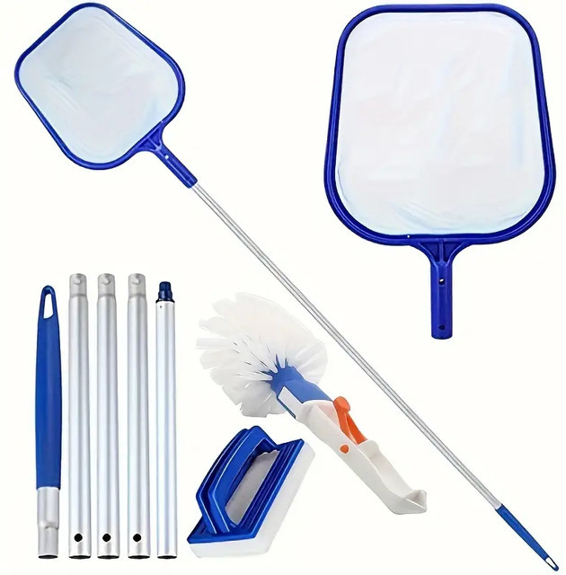 3-teiliges Pool-Reinigungsset in Blau mit Aluminiumstange, Blattschäumer und Poolbürste - Bild 1