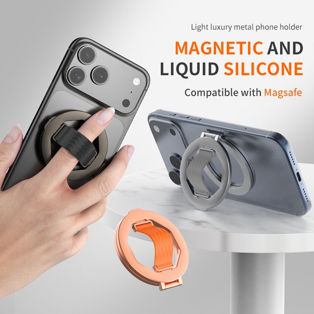 QGhappy Magnetischer Handyhalter für MagSafe, faltbarer und tragbarer Fingerring-Ständer in Silber, kompatibel mit iPhone und Samsung - Bild 1