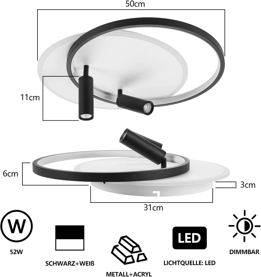 Cliheet LED-Deckenleuchte in Schwarz-Weiß, dimmbar mit Fernbedienung, moderne Deckenlampe mit zwei Strahlern für Wohnzimmer, Schlafzimmer und Küche - Bild 2