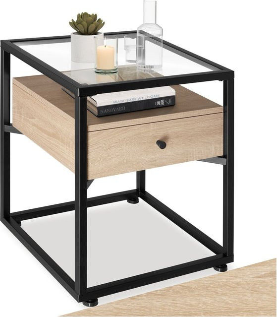tectake Nachttisch im Industrial Style mit Glasplatte und Schublade aus Holz, Stahl und Glas, braun/grau/mehrfarbig, B: 43 cm, T: 45 cm, H: 54,5 cm - Bild 1