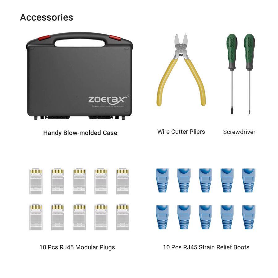 ZoeRax RJ45 CAT6 Netzwerk Tool Kit mit Pass Through Crimper, Kabeltester, Punch Down Tool und Stripper, multicolour - Bild 2