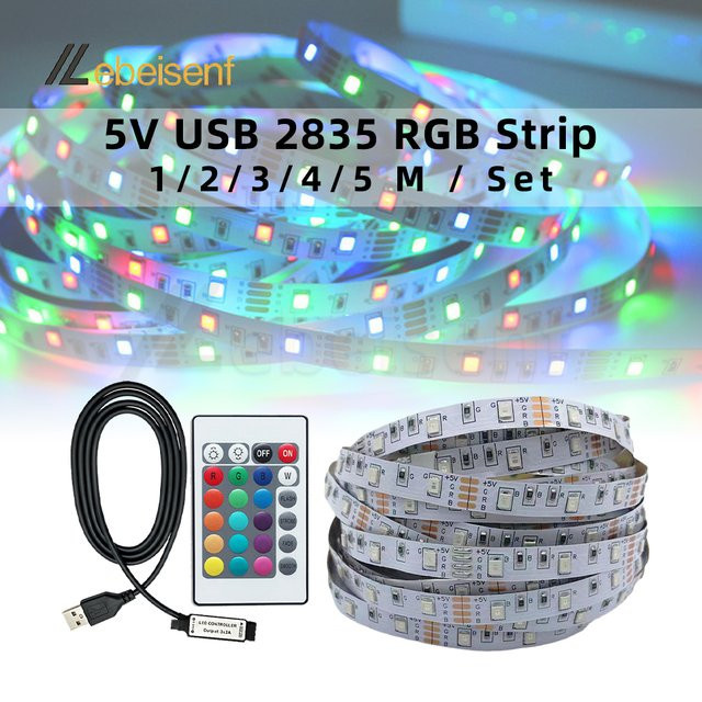 Lebeisenf RGB LED Strip Set mit 5m Länge, 60 LEDs/m SMD, USB-Anschluss und 24-Tasten-Funkfernbedienung, Multicolor - Bild 1