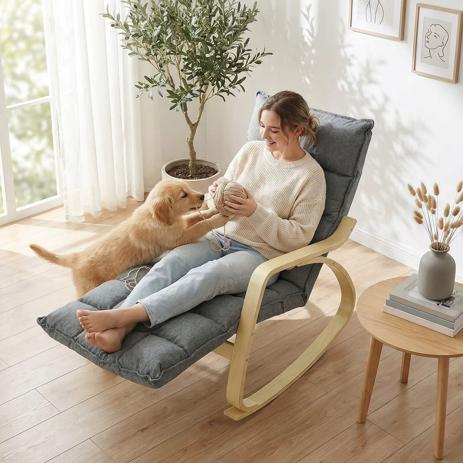 HOMCOM Schaukelstuhl mit 5-fach verstellbarer Fußstütze und hoher Rückenlehne, Relaxsessel in Leinenoptik für Wohnzimmer und Schlafzimmer, Grau - Bild 4