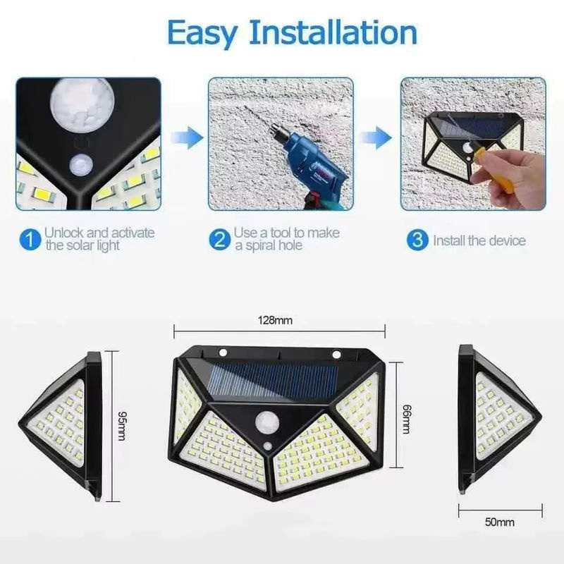 KDULIT Solar-LED-Wandleuchte mit 100 LEDs und Bewegungsmelder, wasserdichte Sicherheitsleuchte für Garten und Außenbereich, Schwarz - Bild 6