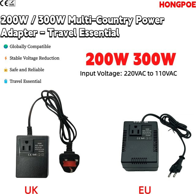 HONGPOE Reise-Steckeradapter Schwarz mit EU- und UK-Stecker als 220/110VAC-Transformator für Elektronikgeräte - Bild 1