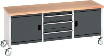 Bott Kastenwerkbank cubio mit 3 Schubladen und 4 Lenkrollen, Buche-Multiplexplatte, anthrazit/lichtgrau, B: 200 cm, T: 75 cm, H: 84 cm - Bild 1