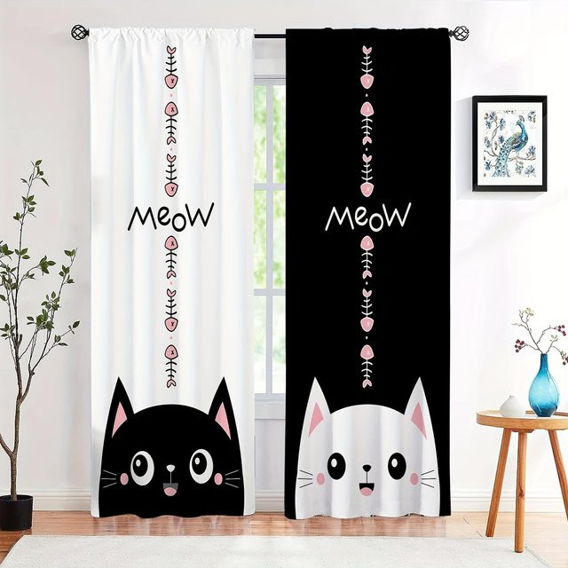 2er-Set Vorhang mit Katzen-Aufdruck in Schwarz und Weiß, halbtransparentes Fensterdekor aus Polyester, Breite: 70 cm, Höhe: 100 cm - Bild 1