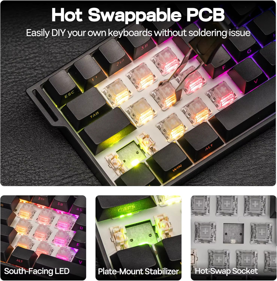 AULA Mini60 HE/Pro/Max 60 % mechanische Tastatur mit Magnetschalter, RGB, Tri-Mode kabellos, 8000 Hz und 0,01 mm RT, Schwarz - Bild 4