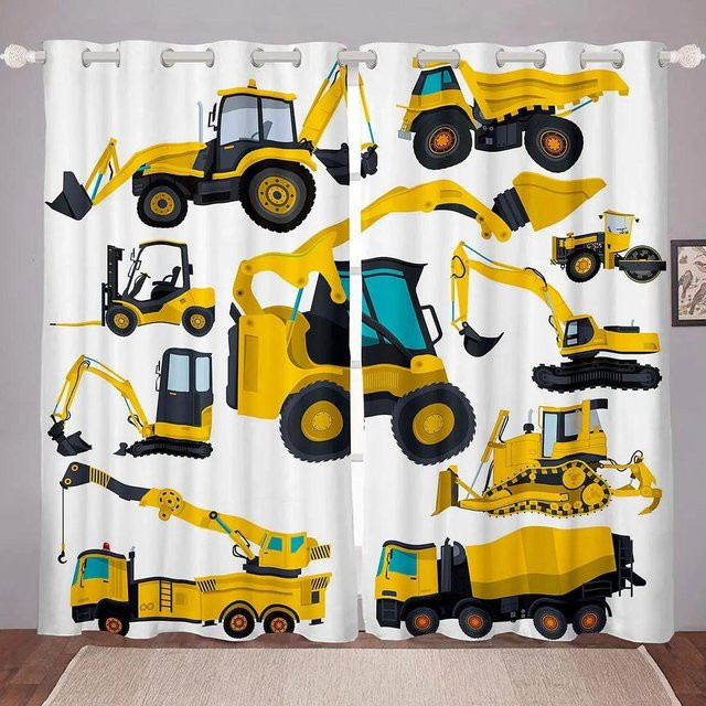 2 Stück Fenstervorhänge mit Baustellen-Motiven wie Autos, Lastwagen und Baggern für Kinderzimmer, halbtransparent, Mehrfarbig, B: 50 cm, H: 130 cm - Bild 1
