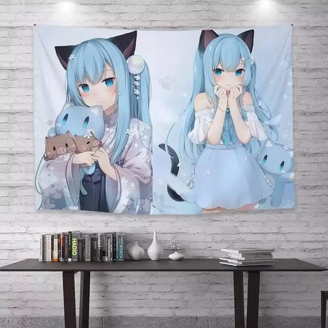 JMG Household Supplies Wandteppich Katzenmädchen Anime Boho Wandbehang Blau B: 40 cm, H: 60 cm - Bild 1