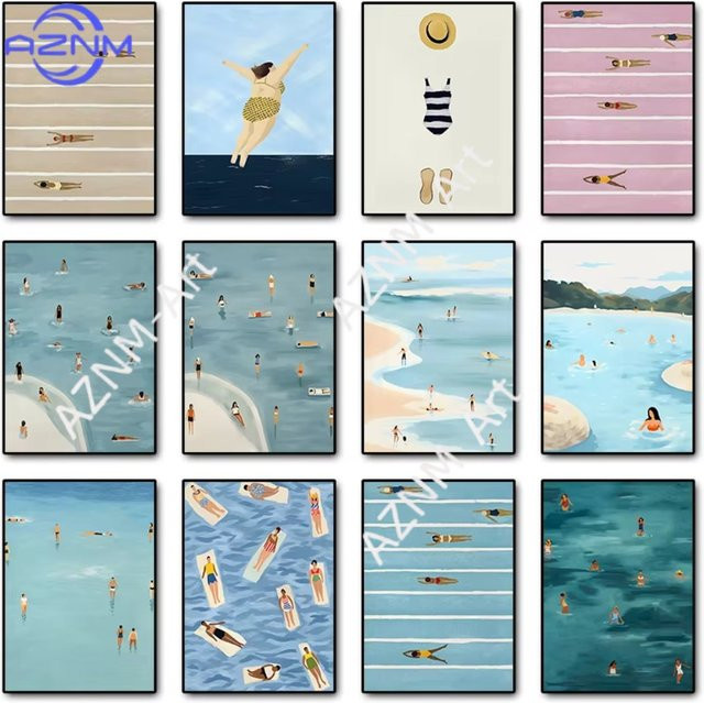 AZNM Leinwandgemälde Strand und Schwimmbad im modernen nordischen Stil als Wandbild für dein Wohnzimmer - Bild 1