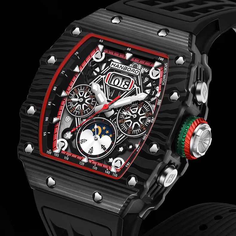 HANBORO Armbanduhr Automatik, Tonneau, Edelstahl, Silikon, Schwarz, Herren - Bild 3